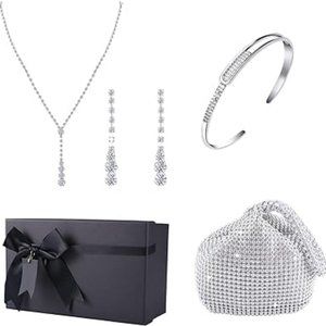 Women Crystal Silver Clut Bracelet Necklace Handbags Earrings Silver Accessories